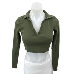Zara Women's Green Rib Knit Long Sleeve Collared Cropped Pullover Sweater Top M